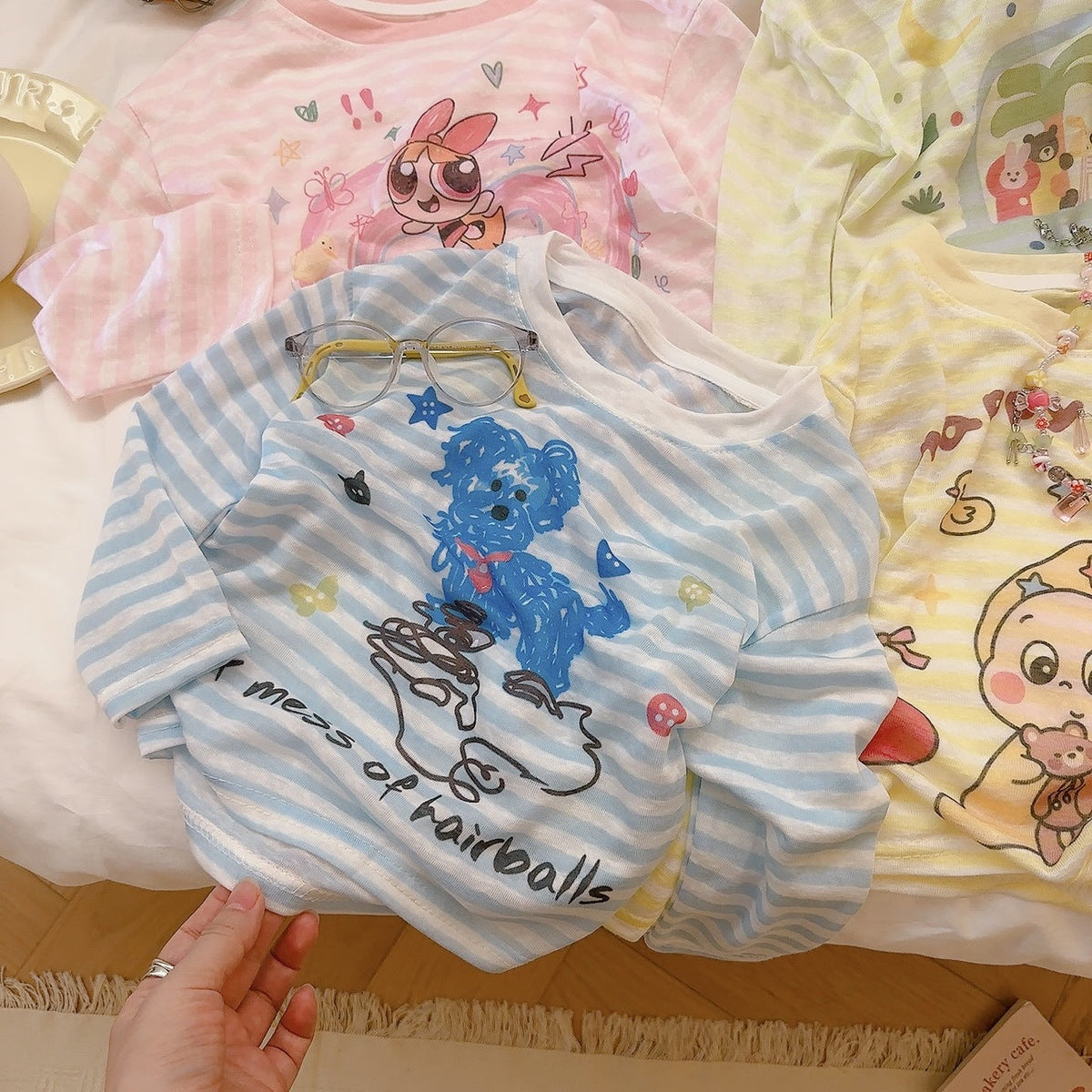 2026 Korean-Style Children's Cartoon Print Striped Long-Sleeve Summer Lightweight Breathable Sun-Protective Round-Neck T-Shirt for Boys and Girls - image 2