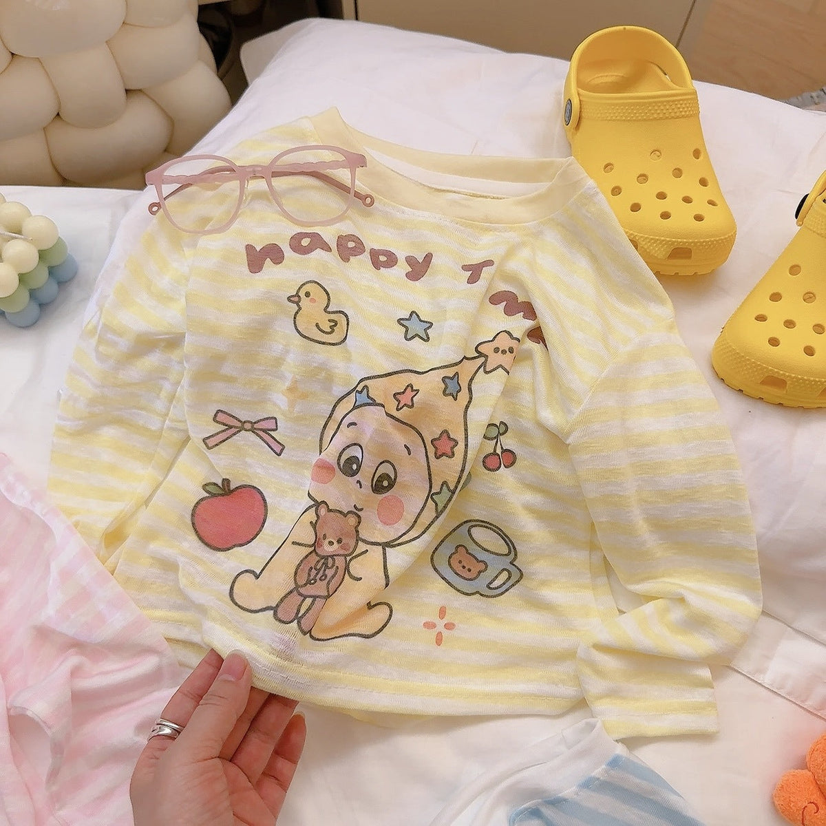 2026 Korean-Style Children's Cartoon Print Striped Long-Sleeve Summer Lightweight Breathable Sun-Protective Round-Neck T-Shirt for Boys and Girls - image 3