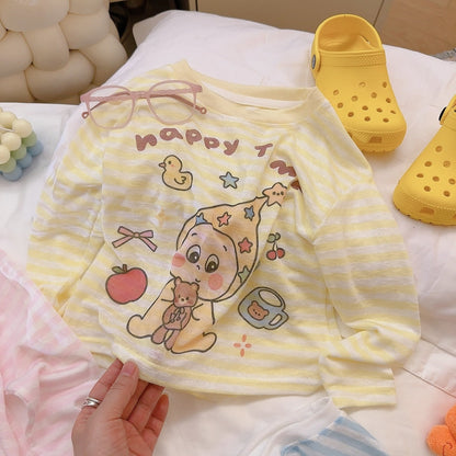 2026 Korean-Style Children's Cartoon Print Striped Long-Sleeve Summer Lightweight Breathable Sun-Protective Round-Neck T-Shirt for Boys and Girls - image 3