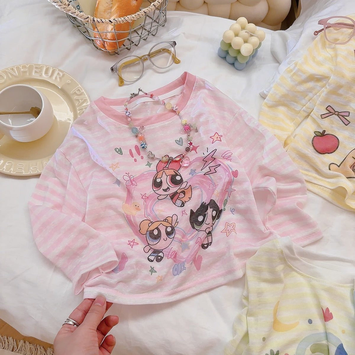 2026 Korean-Style Children's Cartoon Print Striped Long-Sleeve Summer Lightweight Breathable Sun-Protective Round-Neck T-Shirt for Boys and Girls - image 4