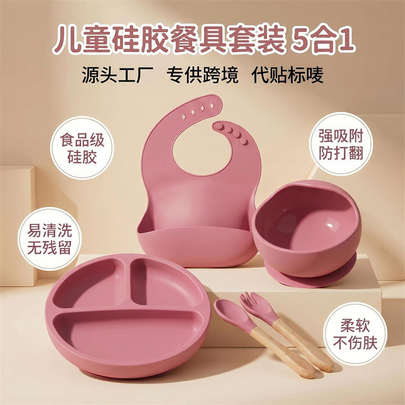 Cross-Border Children's Dinner Plate Silicone Tableware Five-Piece Set Infant Food-Grade Silicone Feeding Bowl Silicone Bowl Feeding Spoon - image 1