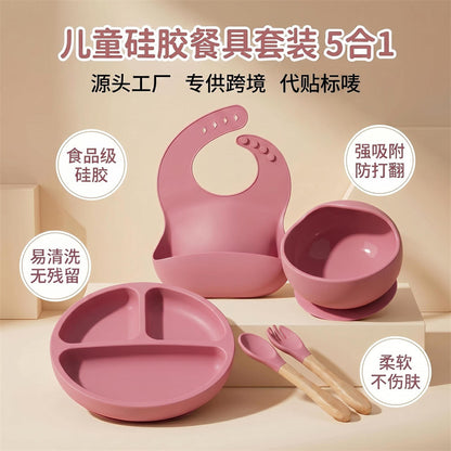 Cross-Border Children's Dinner Plate Silicone Tableware Five-Piece Set Infant Food-Grade Silicone Feeding Bowl Silicone Bowl Feeding Spoon - image 1