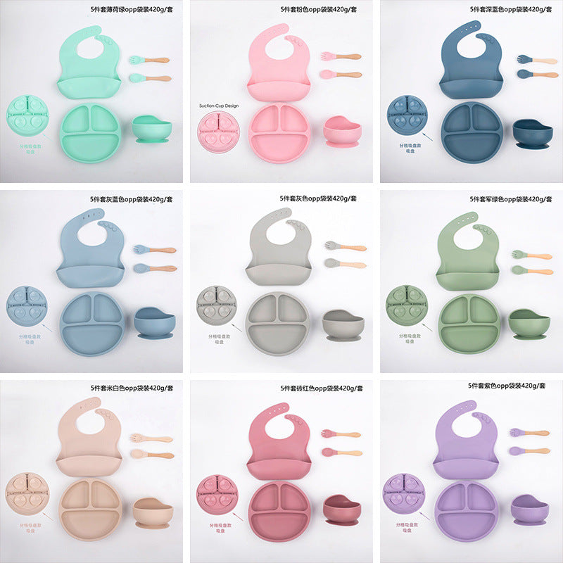 Cross-Border Children's Dinner Plate Silicone Tableware Five-Piece Set Infant Food-Grade Silicone Feeding Bowl Silicone Bowl Feeding Spoon - image 4
