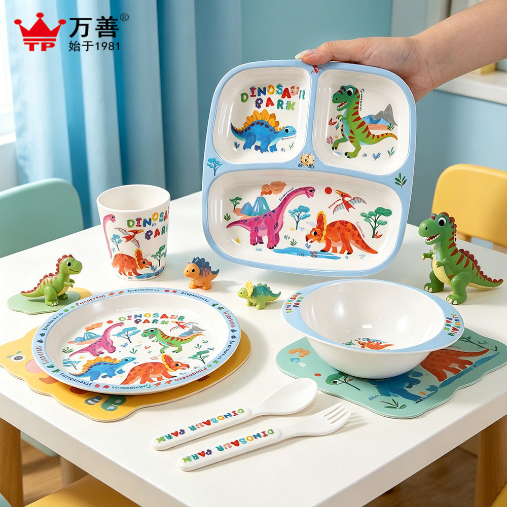 Cartoon Melamine Children's Tableware Set Dinosaur Divided Plate Dining Set Baby Rice Bowl Spoon Cup Gift Customization - image 2
