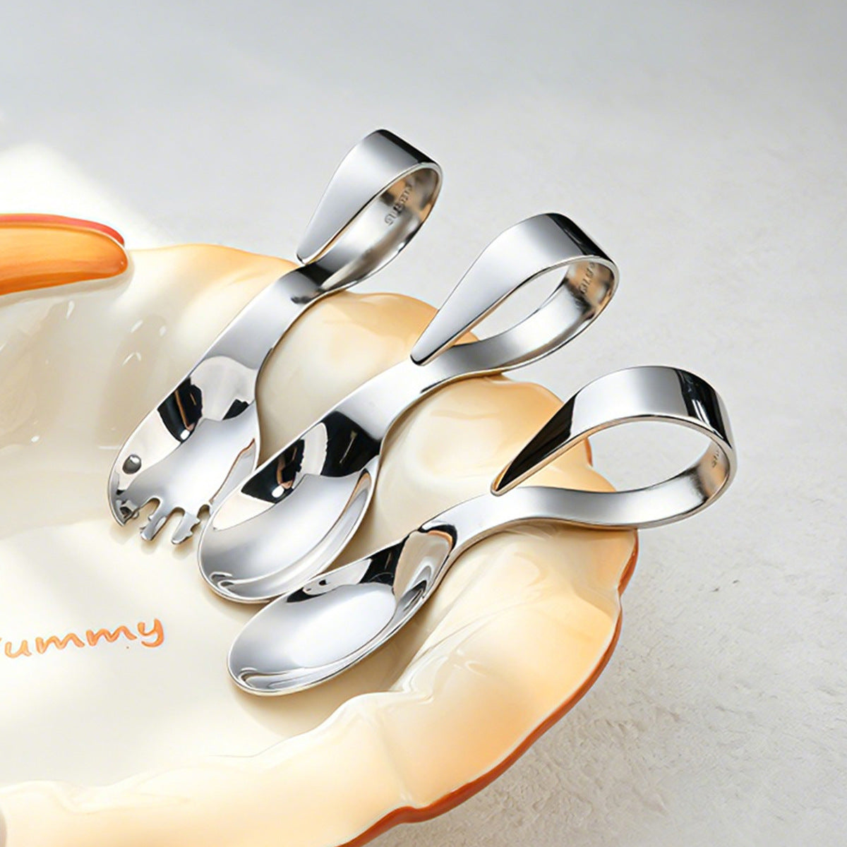 316 Stainless Steel Baby Training Spoon with Short Handle and Curved Tip, Easy-To-Grip Training Spoon and Fork Set for Infants, Ring-Handle Complementary Feedin - image 3