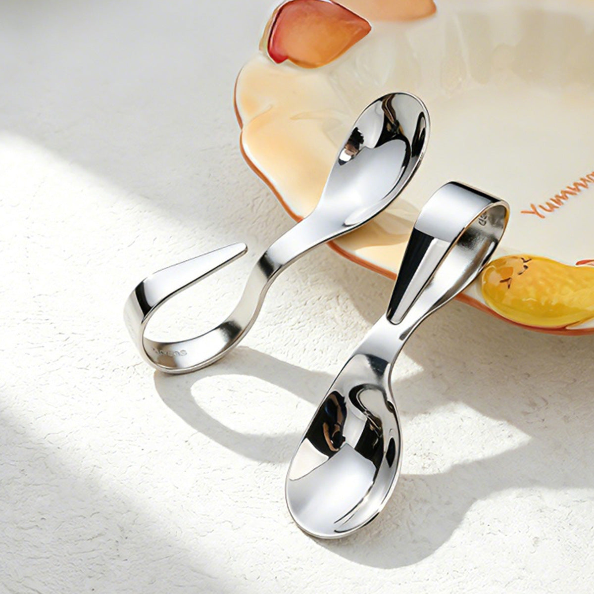 316 Stainless Steel Baby Training Spoon with Short Handle and Curved Tip, Easy-To-Grip Training Spoon and Fork Set for Infants, Ring-Handle Complementary Feedin - image 4