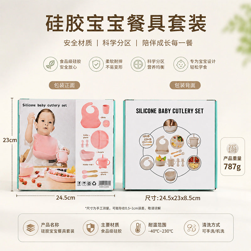 Cross-Border New Product Baby Feeding 10-Piece Set with Suction Plate, Fork, Spoon, Straw Cup, Bib, Silicone Children's Tableware Set - image 3