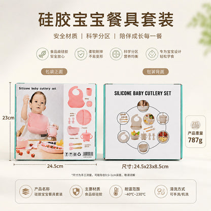 Cross-Border New Product Baby Feeding 10-Piece Set with Suction Plate, Fork, Spoon, Straw Cup, Bib, Silicone Children's Tableware Set - image 3