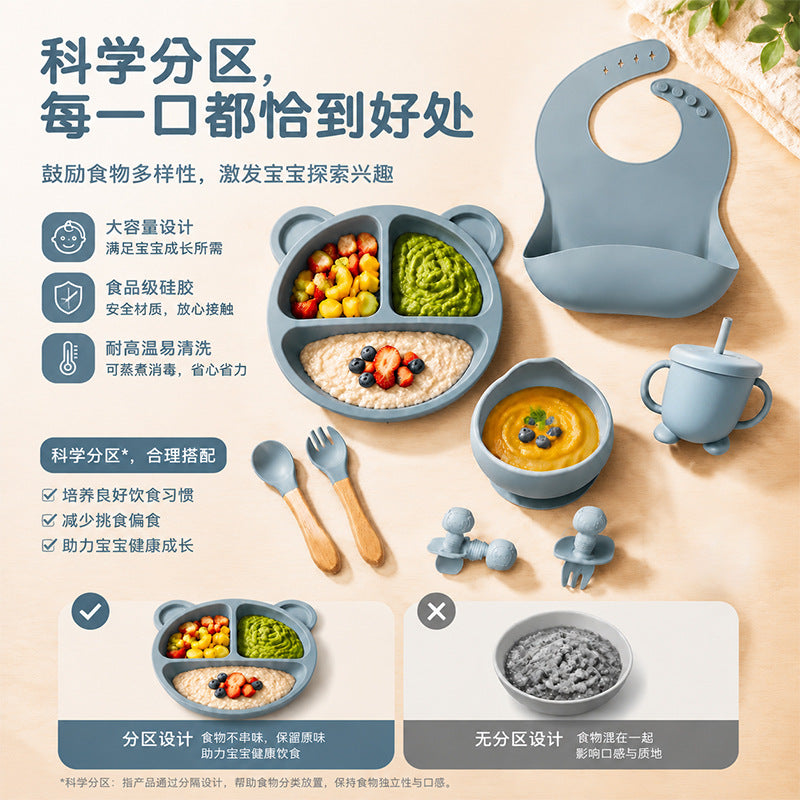Cross-Border New Product Baby Feeding 10-Piece Set with Suction Plate, Fork, Spoon, Straw Cup, Bib, Silicone Children's Tableware Set - image 4