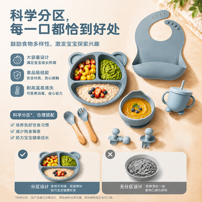 Cross-Border New Product Baby Feeding 10-Piece Set with Suction Plate, Fork, Spoon, Straw Cup, Bib, Silicone Children's Tableware Set - image 4