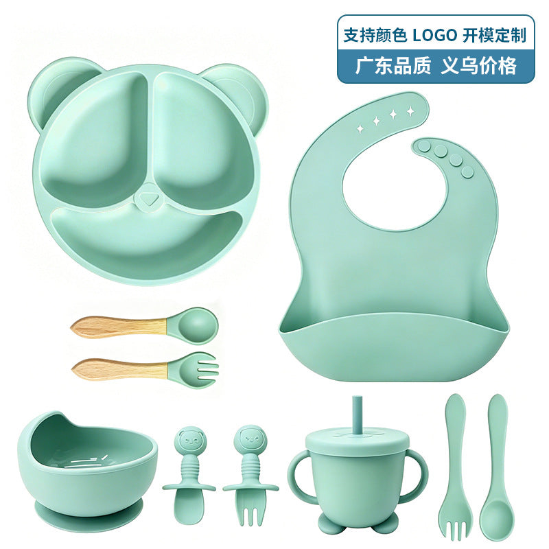 Cross-Border New Product Baby Feeding 10-Piece Set with Suction Plate, Fork, Spoon, Straw Cup, Bib, Silicone Children's Tableware Set - image 5