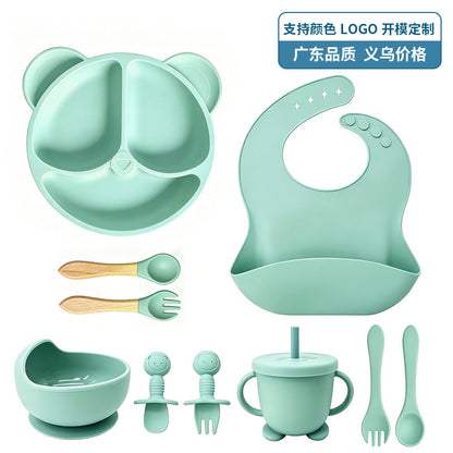 Cross-Border New Product Baby Feeding 10-Piece Set with Suction Plate, Fork, Spoon, Straw Cup, Bib, Silicone Children's Tableware Set - image 5