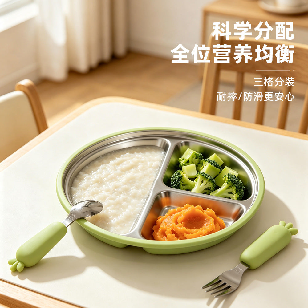 Manufacturer wholesale baby food silicone fork, spoon, and bowl 3-piece set, children's stainless steel dinner plate, mother and baby tableware - image 1