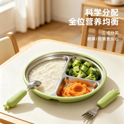 Manufacturer wholesale baby food silicone fork, spoon, and bowl 3-piece set, children's stainless steel dinner plate, mother and baby tableware - image 1