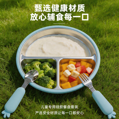 Manufacturer wholesale baby food silicone fork, spoon, and bowl 3-piece set, children's stainless steel dinner plate, mother and baby tableware - image 4
