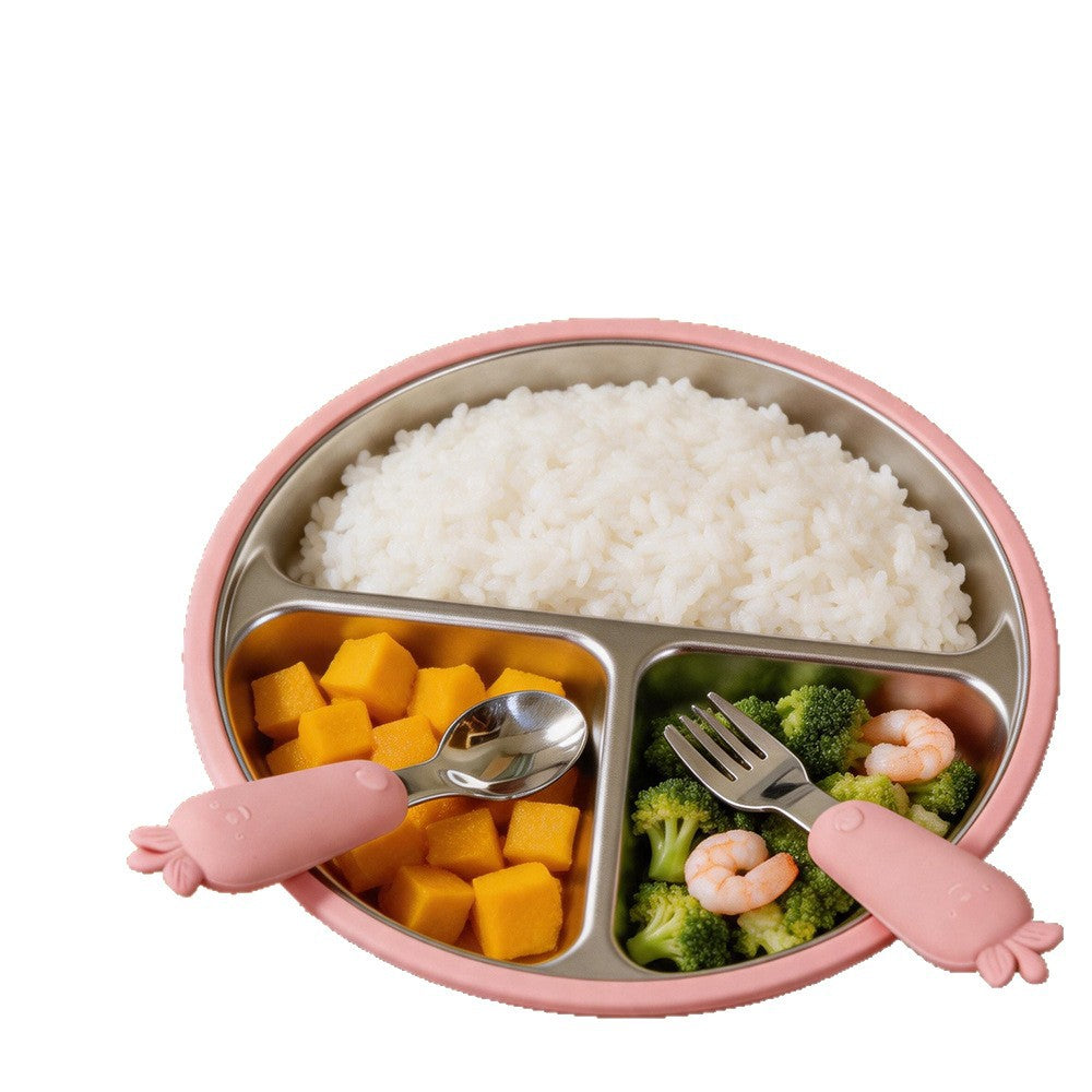 Manufacturer wholesale baby food silicone fork, spoon, and bowl 3-piece set, children's stainless steel dinner plate, mother and baby tableware - image 5
