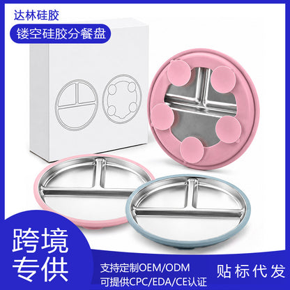 Cross-border children's plate double ear plate silicone baby food bowl 304 stainless steel round baby plate - image 1