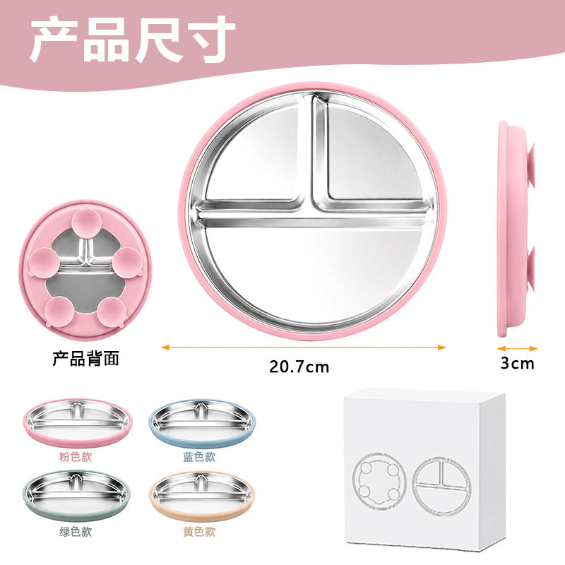 Cross-border children's plate double ear plate silicone baby food bowl 304 stainless steel round baby plate - image 2
