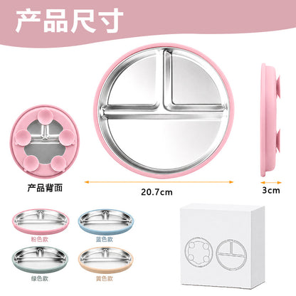 Cross-border children's plate double ear plate silicone baby food bowl 304 stainless steel round baby plate - image 2