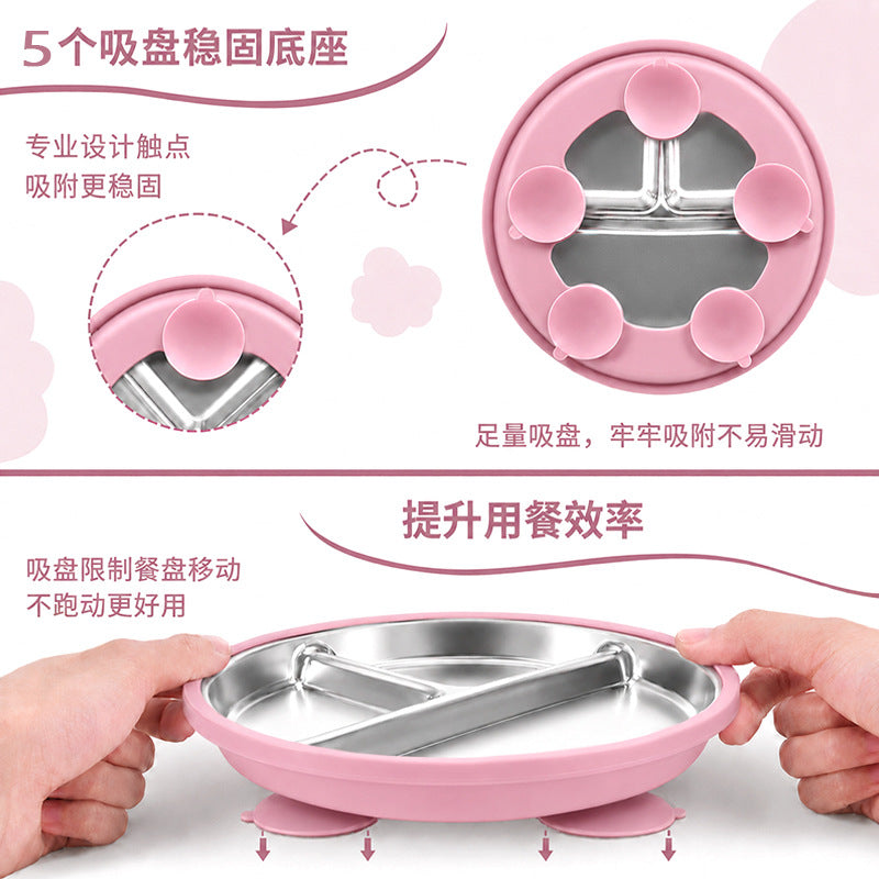 Cross-border children's plate double ear plate silicone baby food bowl 304 stainless steel round baby plate - image 3