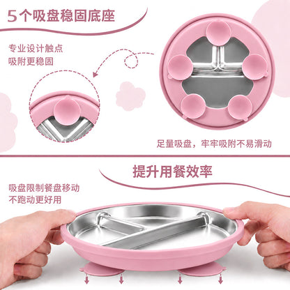 Cross-border children's plate double ear plate silicone baby food bowl 304 stainless steel round baby plate - image 3