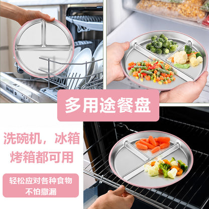 Cross-border children's plate double ear plate silicone baby food bowl 304 stainless steel round baby plate - image 4