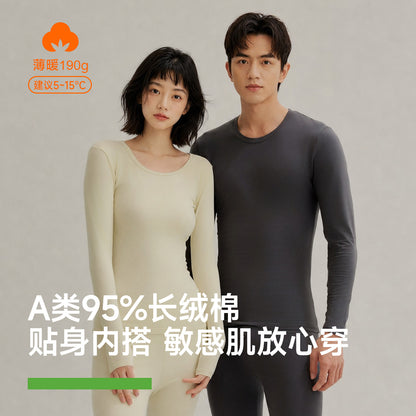 Class A men's and women's pure cotton thin autumn clothes and pants, baby cotton set, antibacterial, brushed, warm underwear, large size for autumn and winter - image 1