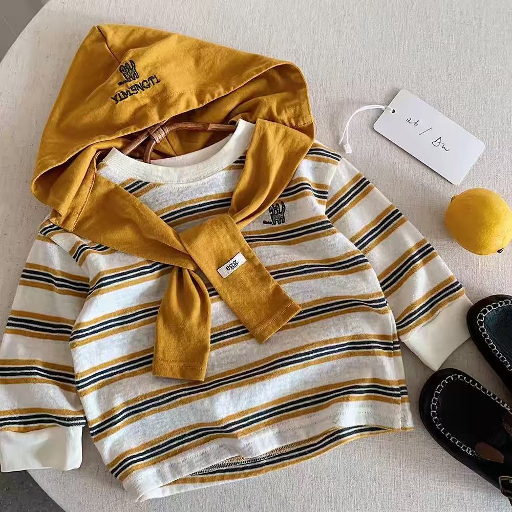 Children's Long-Sleeve T-Shirt 2026 Autumn New Korean Style Striped Round-Neck Top for Boys Fashionable Faux Two-Piece Shawl T-Shirt - image 2