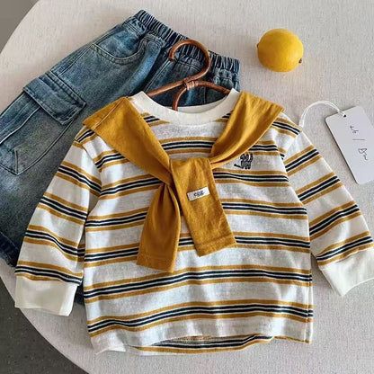 Children's Long-Sleeve T-Shirt 2026 Autumn New Korean Style Striped Round-Neck Top for Boys Fashionable Faux Two-Piece Shawl T-Shirt - image 4