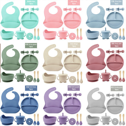 Cross-border children's tableware silicone plate children's supplies silicone bib food bowl spoon nine-piece feeding utensil set - image 2