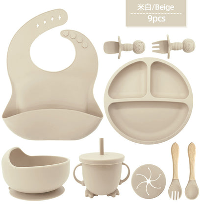 Cross-border children's tableware silicone plate children's supplies silicone bib food bowl spoon nine-piece feeding utensil set - image 5