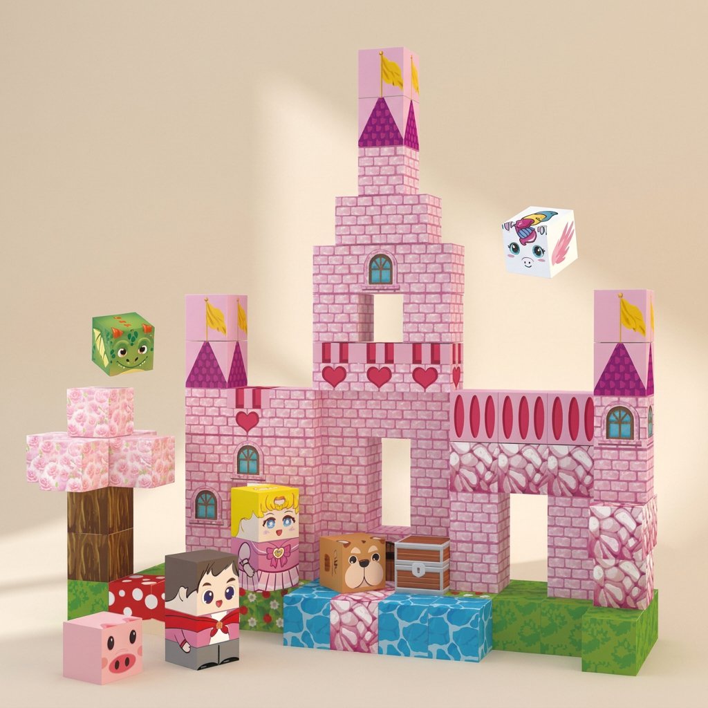 Pink castle themed ABS plastic magnetic building blocks