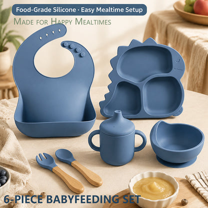 Cross-border baby dinner plate dinosaur tableware six-piece set children's supplies food bowl silicone spoon baby food feeding set - image 1
