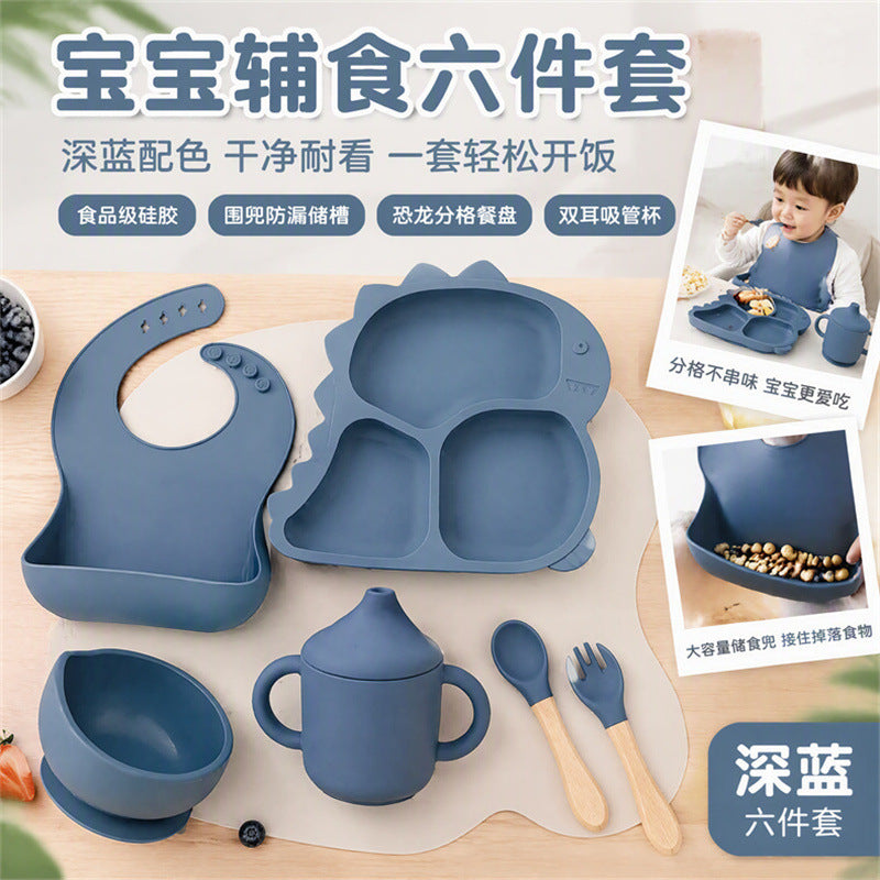 Cross-border baby dinner plate dinosaur tableware six-piece set children's supplies food bowl silicone spoon baby food feeding set - image 2