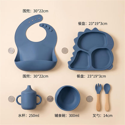 Cross-border baby dinner plate dinosaur tableware six-piece set children's supplies food bowl silicone spoon baby food feeding set - image 3