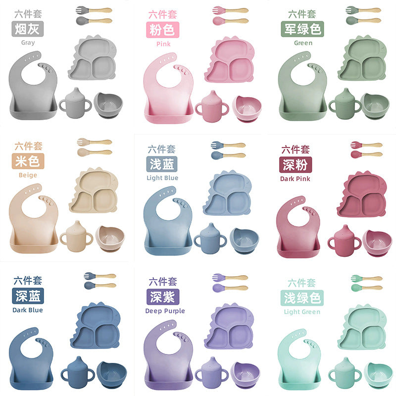 Cross-border baby dinner plate dinosaur tableware six-piece set children's supplies food bowl silicone spoon baby food feeding set - image 4
