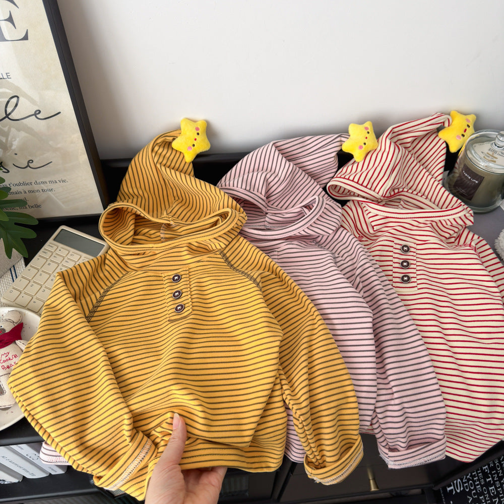 Children's Autumn Hooded Base Shirt for Boys and Girls, Class A Korean Style Striped Drop-Shoulder Casual Hooded T-Shirt, Trendy - image 1