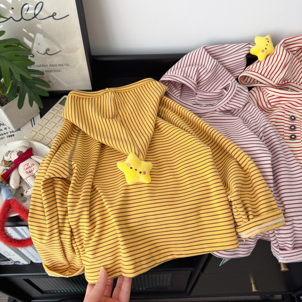 Children's Autumn Hooded Base Shirt for Boys and Girls, Class A Korean Style Striped Drop-Shoulder Casual Hooded T-Shirt, Trendy - image 4