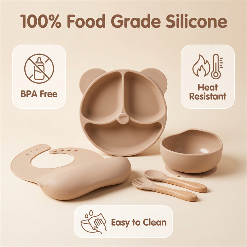 Cross-border children's tableware, a five-piece silicone dinnerware set, including baby food bowls and silicone spoons for feeding - image 1