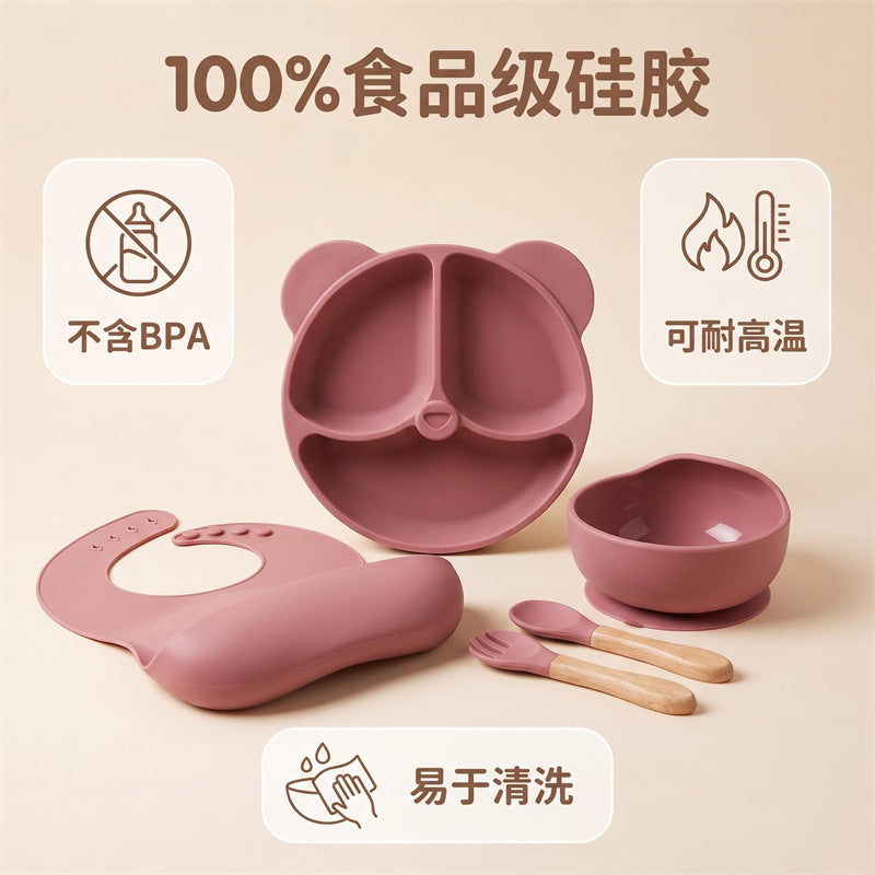 Cross-border children's tableware, a five-piece silicone dinnerware set, including baby food bowls and silicone spoons for feeding - image 2