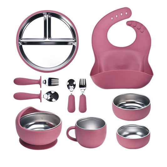 Children's Stainless Steel Feeding Utensil Set, Wine Red Silicone Suction Plate, Bowl, Fork, Spoon, 10-Piece Baby Food Utensil Set - image 1
