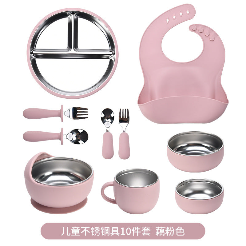 Children's Stainless Steel Feeding Utensil Set, Wine Red Silicone Suction Plate, Bowl, Fork, Spoon, 10-Piece Baby Food Utensil Set - image 2
