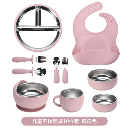 Children's Stainless Steel Feeding Utensil Set, Wine Red Silicone Suction Plate, Bowl, Fork, Spoon, 10-Piece Baby Food Utensil Set - image 2
