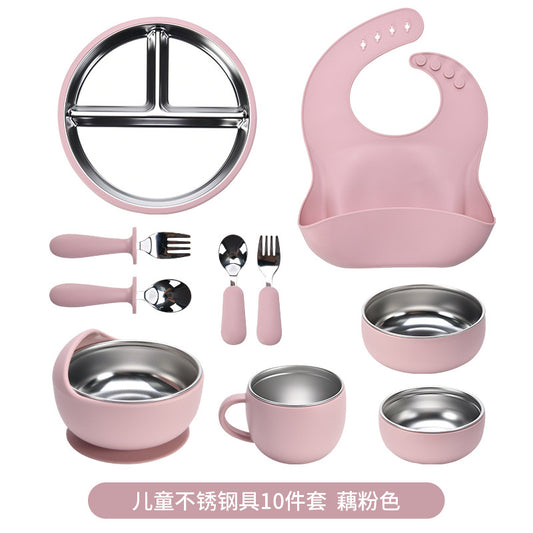 Children's Stainless Steel Feeding Utensil Set, Wine Red Silicone Suction Plate, Bowl, Fork, Spoon, 10-Piece Baby Food Utensil Set - image 2