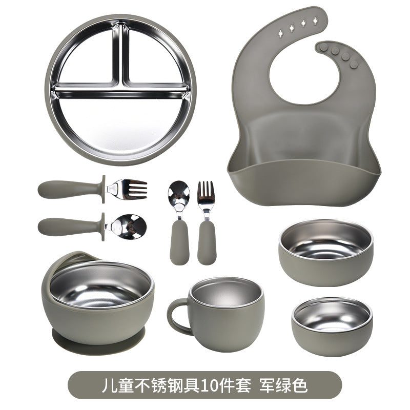 Children's Stainless Steel Feeding Utensil Set, Wine Red Silicone Suction Plate, Bowl, Fork, Spoon, 10-Piece Baby Food Utensil Set - image 3