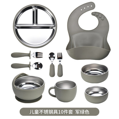 Children's Stainless Steel Feeding Utensil Set, Wine Red Silicone Suction Plate, Bowl, Fork, Spoon, 10-Piece Baby Food Utensil Set - image 3