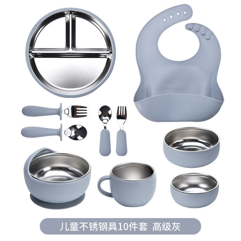 Children's Stainless Steel Feeding Utensil Set, Wine Red Silicone Suction Plate, Bowl, Fork, Spoon, 10-Piece Baby Food Utensil Set - image 4