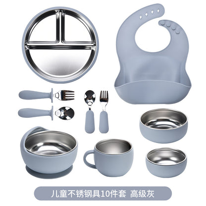 Children's Stainless Steel Feeding Utensil Set, Wine Red Silicone Suction Plate, Bowl, Fork, Spoon, 10-Piece Baby Food Utensil Set - image 4