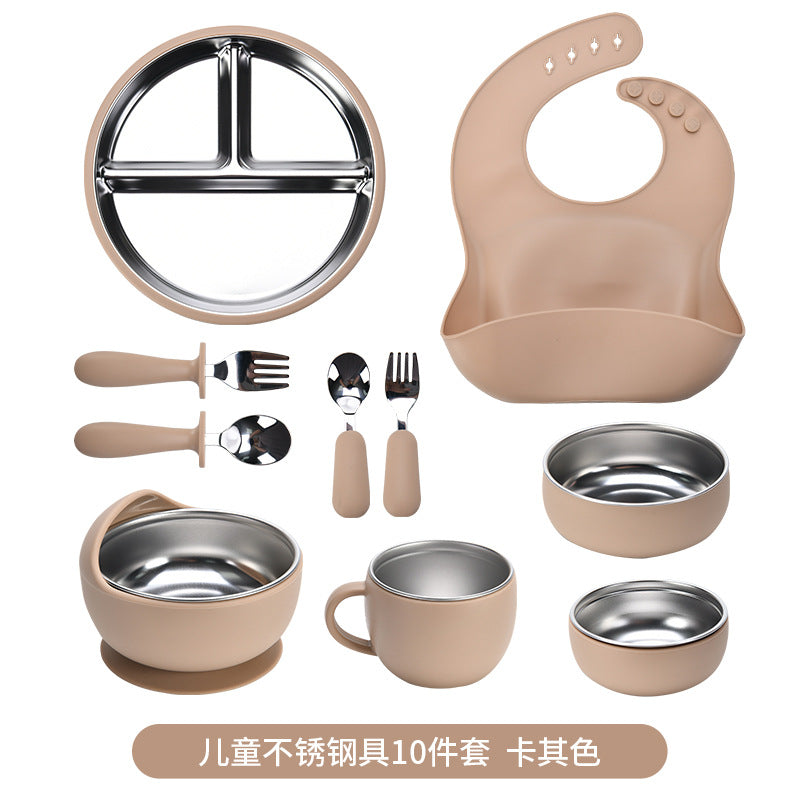 Children's Stainless Steel Feeding Utensil Set, Wine Red Silicone Suction Plate, Bowl, Fork, Spoon, 10-Piece Baby Food Utensil Set - image 5