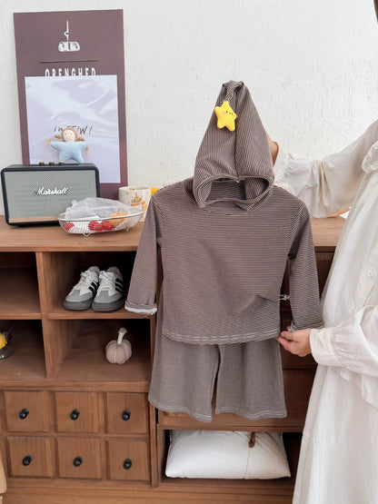 【Parent-child】Autumn Korean-style striped off-shoulder casual hooded sweatshirt set for boys and girls, two-piece set - image 5